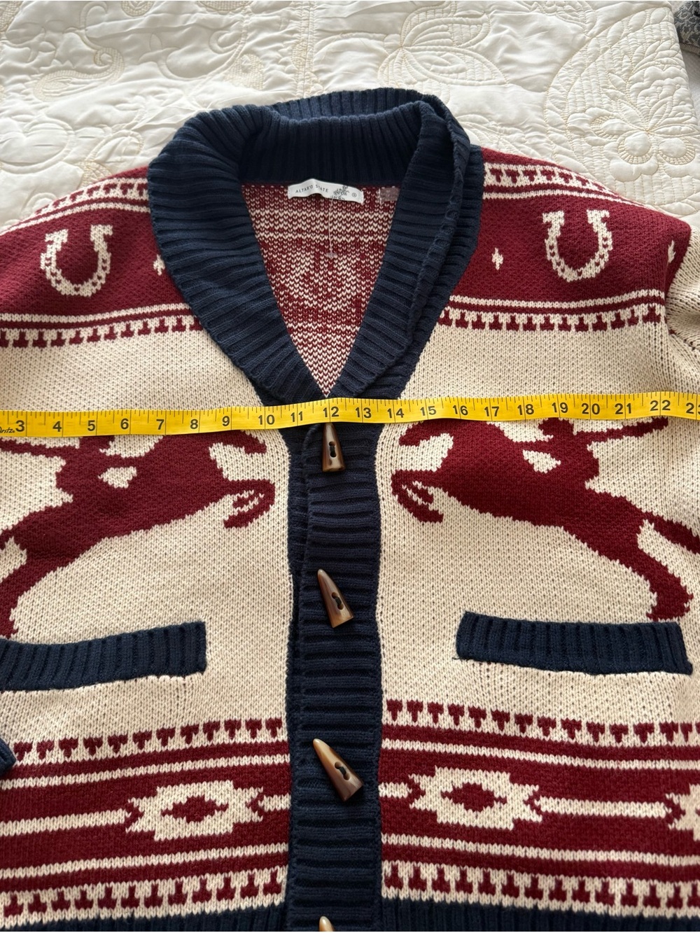 ALTAR’D STATE Horse Pattern Cardigan Sweater Cream, Navy & Burgundy - Picture 6 of 9